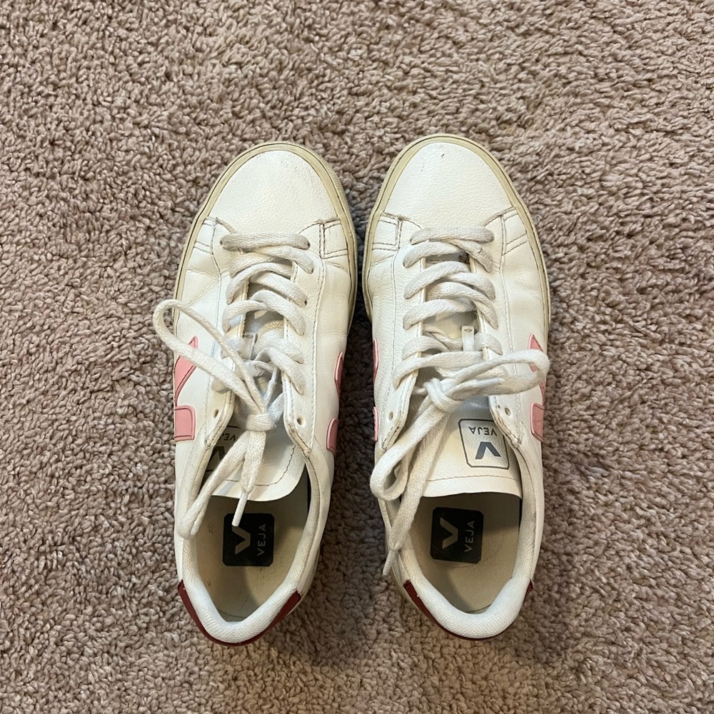 Veja White Sneakers with Pink V and Burgundy Heel Tab - Picture 2 of 7